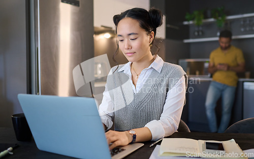 Image of Startup, laptop and business woman working remote work from home typing a growth strategy or project online. Employee, worker or Asian freelancer doing research on a website, web or internet