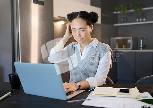 Image of Thinking, idea and business Asian woman with laptop working on report, online proposal and project at home. Remote work, documents and female worker with computer for research, strategy and planning