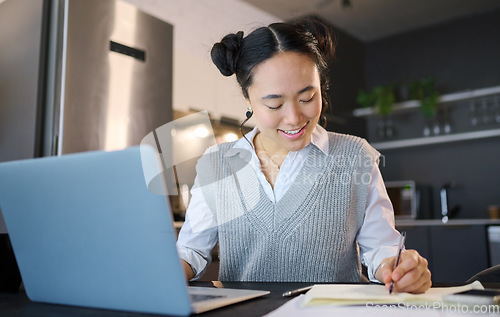 Image of Idea, writing in notebook and business Asian woman with laptop working on report, budget and project at home. Remote work, success and female worker with computer for research, strategy and planning