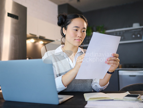 Image of Finance, budget and Asian woman reading documents, paperwork and financial report for company startup. Accounting, remote work and female worker with laptop for planning, kpi strategy and analytics