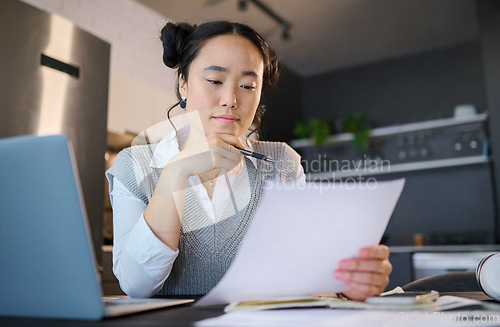 Image of Finance, budget and Asian woman with documents, paper and financial review for company startup. Accounting, remote work and female worker reading report for planning, kpi strategy and data analytics