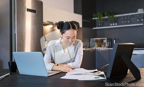 Image of Paperwork, documents and business woman is working remote work for growth or planning a project online. Employee, worker or Asian entrepreneur or freelancer doing research for a startup
