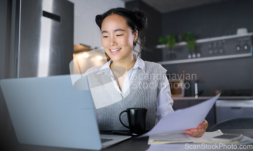 Image of Finance documents, budget and Asian woman with laptop, paperwork and financial review for company startup. Accounting, remote work and female worker on computer for planning, kpi strategy and report