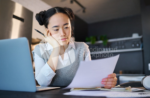 Image of Thinking, remote work and Asian woman with documents, laptop and paperwork for working from home. Business, freelancer and female worker reading strategy report, project review and research ideas