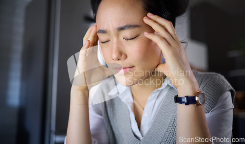 Image of Stress, headache and woman with burnout, anxiety and problems with mental health at night. Tired, pain and asian girl suffering from insomnia, stressed and pressure, unhappy and frustrated