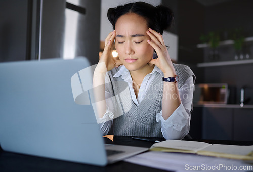 Image of Headache, stress and woman on laptop, glitch and burnout while working at night in a kitchen. Tired, entrepreneur and business fail by asian female worker frustrated with online, project and mistake