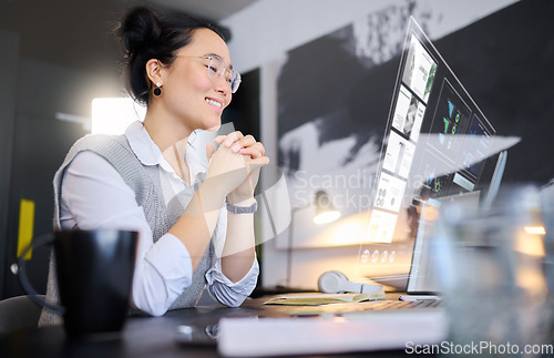 Image of Digital overlay, futuristic computer data and ai hologram with a asian woman with 3d design. Ux, future and laptop infographic of a virtual reality designer employee doing a graphic analysis on web