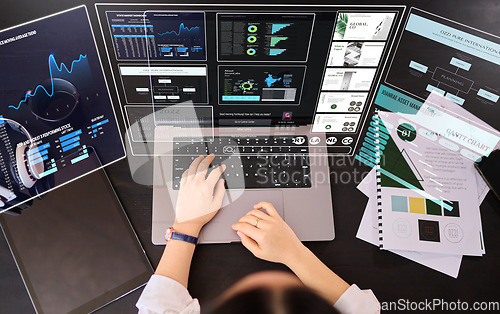 Image of Woman, laptop hologram and stock market finance from above of economy, network or asset management. Financial analysis, computer and digital overlay of graphs, database or global investment analytics