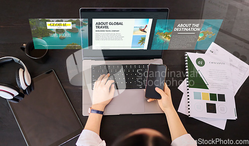 Image of Hands, phone and laptop with website hologram for travel, trip or planning destination for holiday getaway at office. Hand of woman employee checking 3D digital homepage or searching on computer