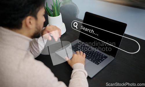 Image of Man, hands and laptop hologram with search engine, seo database and user software for network innovation. Computer, research and typing on digital overlay for website, internet information and online