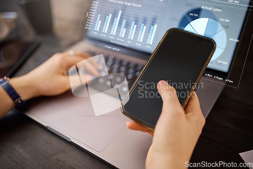 Image of Hands, phone and laptop with hologram in analytics for chart, graph or marketing statistics. Hand of analyst checking 3D digital data for corporate or company sales on computer with smartphone mockup