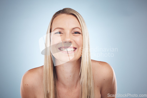 Image of Portrait, dental and beauty with a model woman in studio on a gray background showing her big smile. Aesthetic, skin and oral hygiene with an attractive female posing to promote teeth whitening