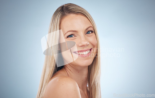 Image of Face portrait, beauty and hair care of woman in studio isolated on a gray background mockup. Skincare, makeup cosmetics and female model happy after salon treatment for balayage, hairstyle and growth