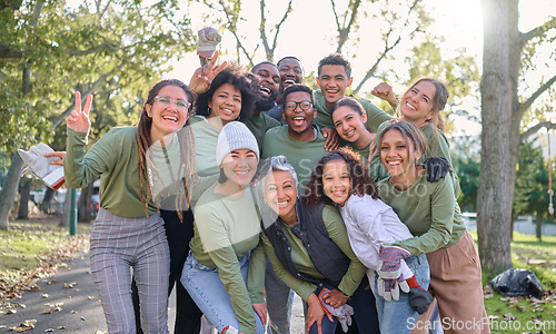 Image of Teamwork, community and portrait of people cleaning park, forest and woods for healthy environment. Support, charity and group of volunteers smile for eco friendly, recycling and sustainable earth