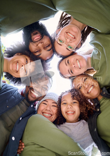 Image of Teamwork, community and face of people in circle for support, motivation and working together outdoors. Collaboration, diversity and portrait of group smile for for volunteer, charity and social work