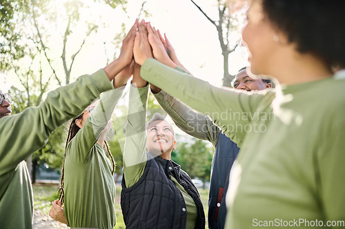 Image of High five, nature and people hands from team building at wellness retreat with community and support. Volunteer, happiness and smile of support group excited with collaboration, trust and solidarity
