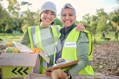 Image of People, charity and portrait smile for food donation, volunteer or teamwork for eco friendly environment. Women volunteering workers smiling together in happiness for community healthcare or wellness