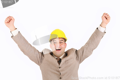 Image of businessman with happy hands raised