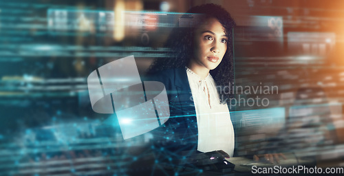 Image of Futuristic, AI and business woman, cyber data and connectivity, iot overlay and technology innovation. Digital transformation, tech analytics and mockup space, web dashboard and internet holographic