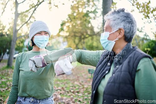 Image of Covid, community volunteer women and cleaning trash pollution, garbage waste product or environment support. Corona virus greeting, NGO charity and eco friendly team help with nature park clean up