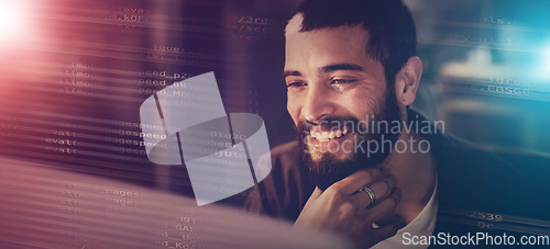 Image of Computer code, face and happy man coding software for online network database, website or cloud computing service. App programmer, night HTML overlay and developer programming phishing cyber security