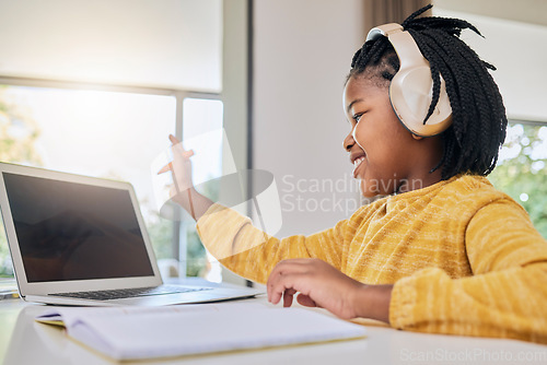 Image of Blank screen, student learning and computer with kid knowledge development at home. Happy, headphones and young person counting numbers with hands in a house for school elearning with happiness