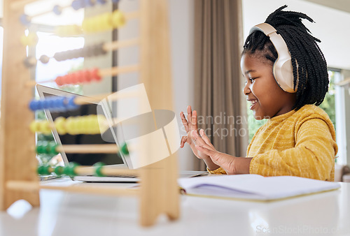 Image of Abacus, child learning and computer of a kid with knowledge development at home. Happy, headphones and young person counting numbers with hands in a house for school elearning with happiness