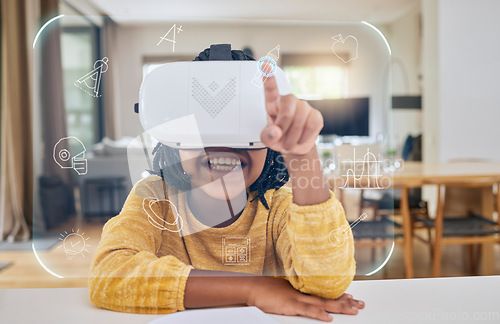 Image of African girl child, vr education and house with 3d overlay, hand and futuristic ux for homework, study and happy. Young female, school student and ar ui for learning, development and smile at table