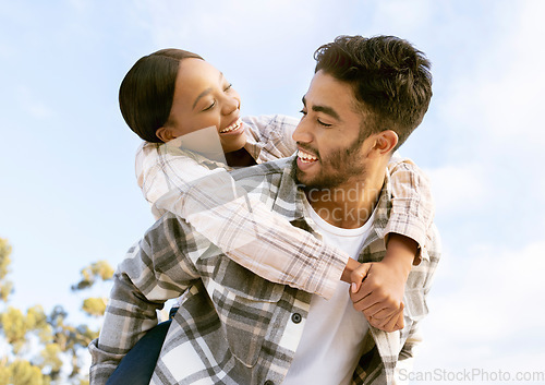 Image of Nature sky, diversity and happy couple hug on outdoor time together, hiking adventure or forest trekking journey. Peace, freedom and love bond for black woman, man or fun people piggyback in woods