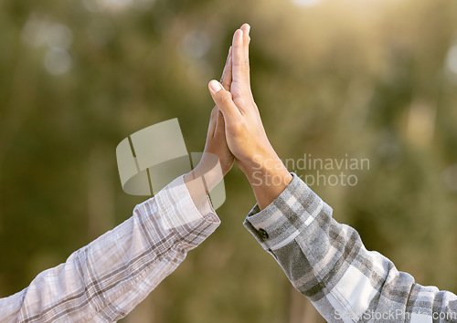 Image of High five, success and hands of agriculture business partnership with motivation from b2b deal. Agreement, yes and success hand sign of people outdoor with blurred background and winner gesture