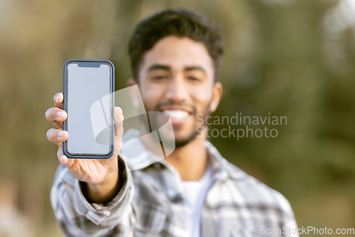 Image of Phone, portrait and man show mockup mobile for nature adventure, forest hiking or outdoor woods journey. UI screen mock up, digital product placement and person happy for smartphone promotion deal