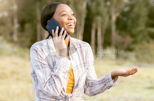 Image of Black woman, nature woods and happy phone call with question, comic laugh and smile on grass in summer. Adventure, crazy smartphone conversation or funny talk for girl in sunshine, forest and outdoor