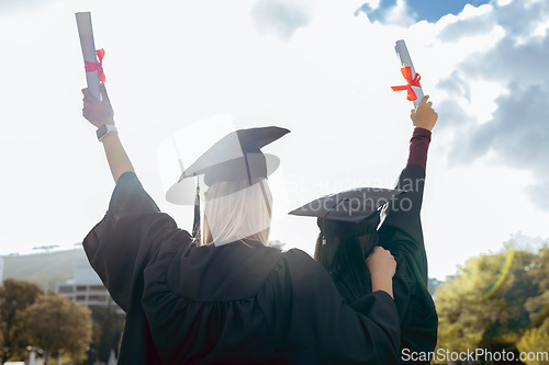 Image of Graduation, woman friends and certificate with back for celebration, happiness or success for studying together. University student, black woman and diversity for goal, vision and support at campus