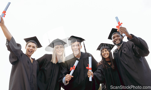 Image of Graduation, friends and portrait of students with success, education award and achievement in college. School, graduate and group of people in celebration for certificate, diploma and academic degree