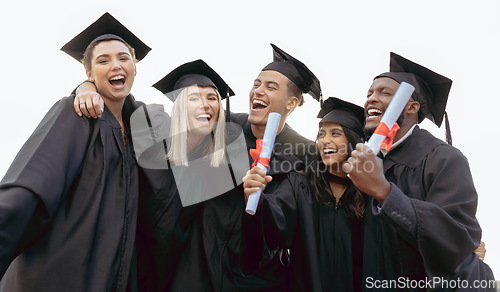 Image of Education, university and students in celebration for graduation, success and achievement in college. School, future goals and excited group of friends with certificate, diploma and academic degree