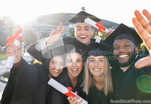 Image of University student group, selfie and holding diploma with pride, success and happiness with support for diversity. Friends, students and graduate celebration photo for education, learning and future