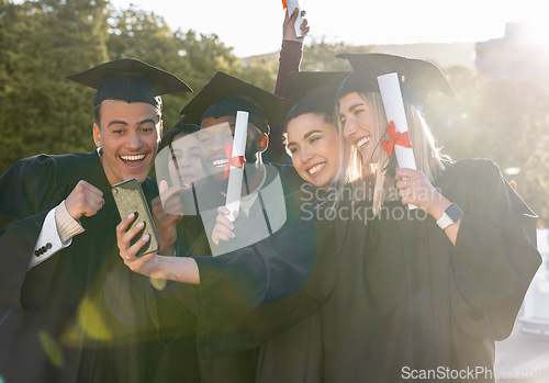 Image of University student group, selfie and holding certificate together for photo, social media or success in study goal. Friends, students and graduate celebration for education, learning and diversity