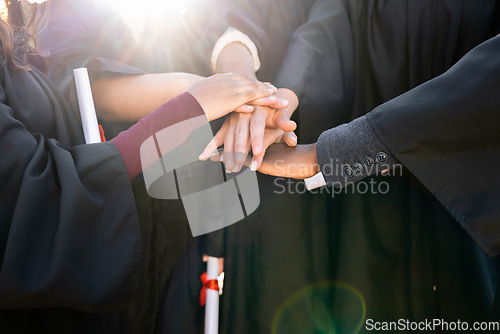 Image of Graduation, graduate celebration and hands, together and support, diploma with community and college people achievement. University degree, education and learning growth with ceremony and solidarity