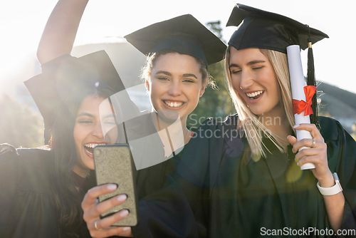 Image of University student group, women and selfie with diploma, diversity and success for study goal in sunshine. Friends, students and graduation celebration for with smartphone, social media and web blog