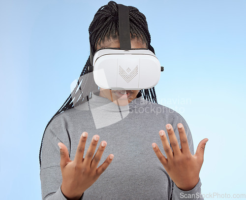 Image of Vr, gaming and hands with black woman and metaverse for future, cyber and 3d system. Media, ui and web technology with girl and headset for internet, augmented reality and data in studio background