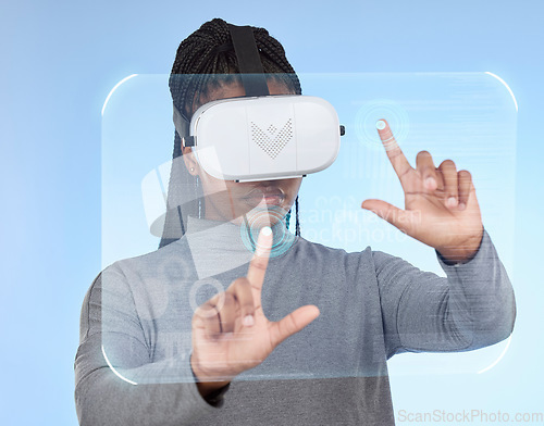 Image of Vr, augmented reality and digital with black woman and 3d hologram for future, cyber and metaverse. Media, ui and technology with girl and headset for ux interface, innovation and data graphics