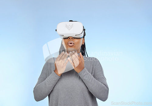 Image of 3D vr and surprise with black woman and gaming for future, cyber and metaverse. Media, ui and web technology with girl gamer and headset for internet, augmented reality and data in studio background