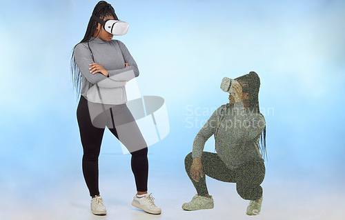 Image of Young black woman, vr and glasses by studio background for ar gaming, esports or future tech. African gamer, gen z girl and augmented reality app on floor for video, sitting and futuristic digital ux