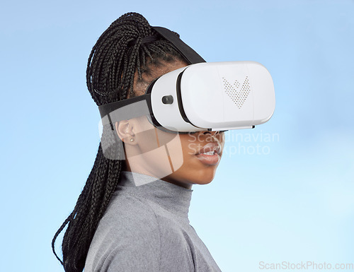 Image of Vr, gaming and digital with black woman and metaverse for future, cyber and 3d system. Media, ui and web technology with girl gamer and headset for internet, augmented reality and data graphics