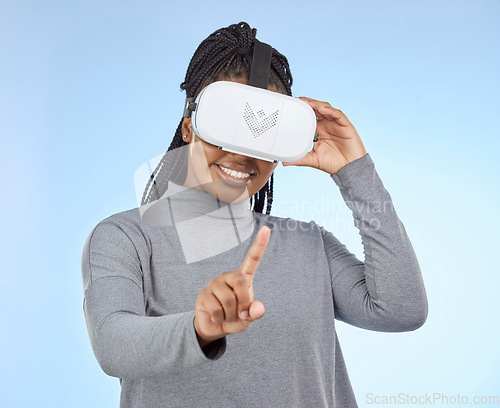 Image of Vr, gaming and wow with black woman and metaverse for future, cyber and 3d system. Media, ui and web with gamer and headset for internet, augmented reality and technology in blue background studio