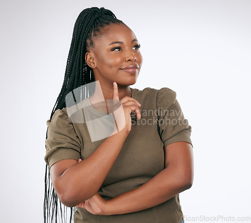 Image of Thinking, decision and black woman in studio for ideas, mindset or planning on mockup. Inspiration, brainstorm and female model curious of question, solution and remember a memory, strategy or vision