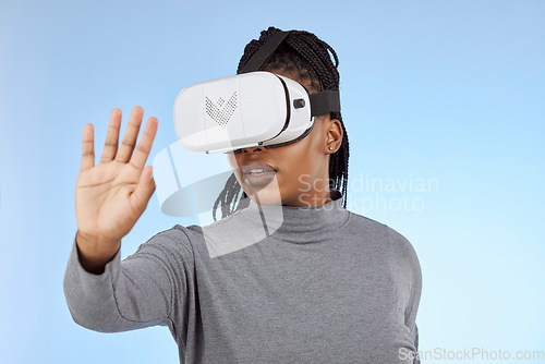 Image of Vr, gaming and digital with black woman and metaverse for future, cyber and 3d system. Media, ui and web technology with girl and headset for internet, augmented reality and data in studio background