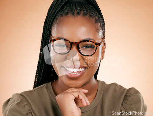 Image of Black woman, retro glasses and person portrait in a studio with eyecare, beauty and smile. Brown background, isolated and gen z student with happiness feeling relax and calm about youth thinking