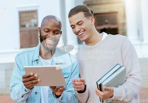 Image of University, tablet and students with online education, e learning and teamwork, planning or course schedule check. Happy black man, people or friends on college campus, studying on digital technology