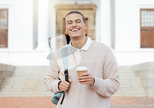 Image of Happy, college student man at university with coffee for learning, future and academic, success and higher education. Face, learner and scholarship, happy and guy smile, study and knowledge motivated